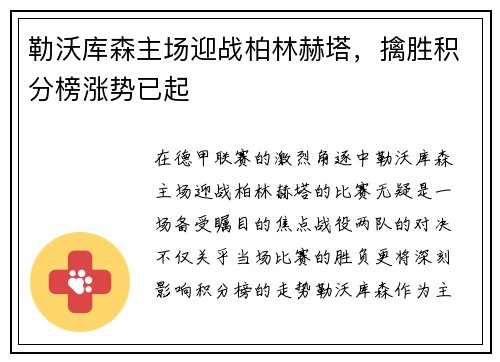 勒沃库森主场迎战柏林赫塔，擒胜积分榜涨势已起